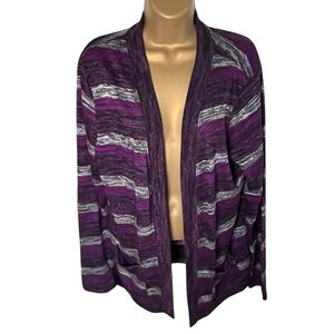 Studio Works Open Front Cardigan Lightweight Striped Purple Gray M